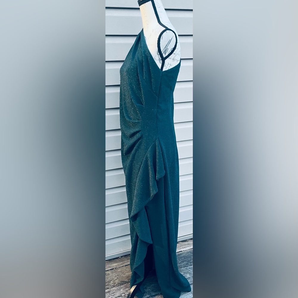 Xscape One-Shoulder Teal Sparkle Maxi Dress - Picture 3 of 8